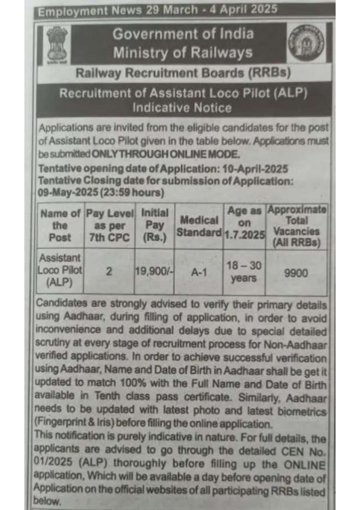 Railway Assistant Loco Pilot Recruitment 2025: Apply for 9900 Posts 